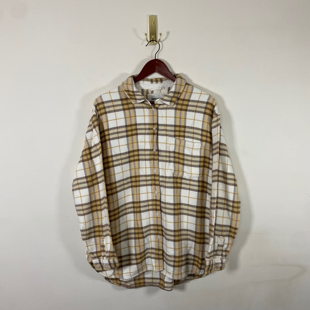 American Eagle Womens‎ Flannel Plaid Shirt Size L yellow white Casual Gorpcore